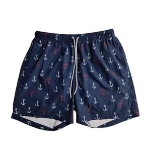 Rainforest Mens Navy Red White‎ Anchor Print Swim Trunks Size L Drawstring